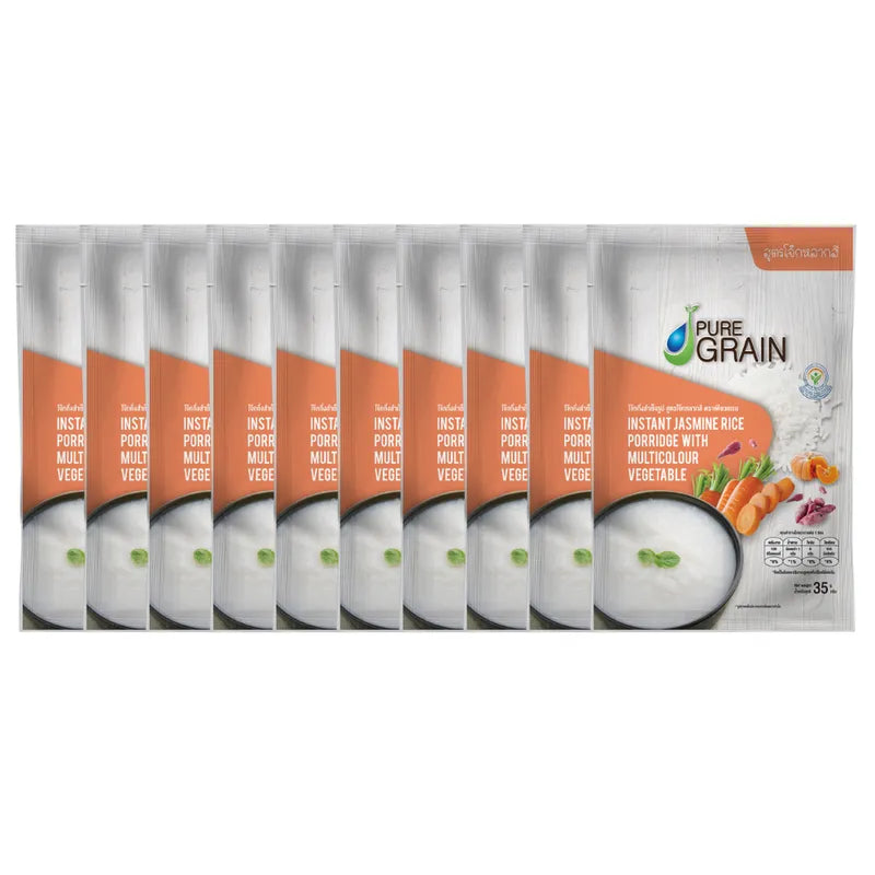 Pure Grain Instant Porridge packet showcasing colorful recipe packaging, 35g dry grocery product for quick, nutritious breakfast.