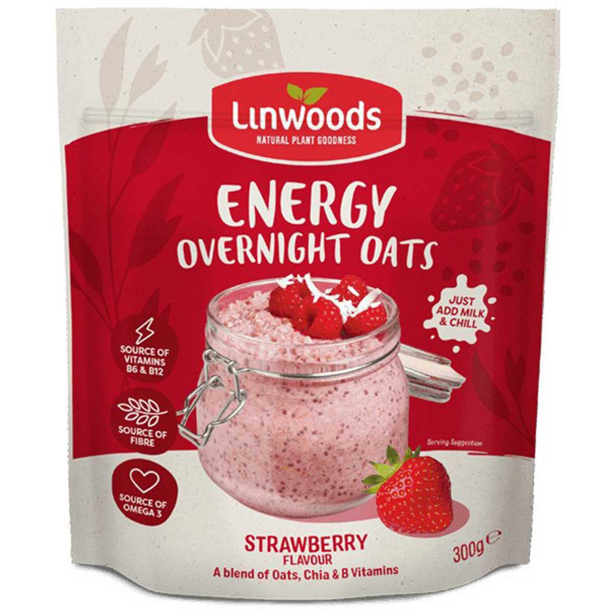 Linwoods Strawberry Energy Overnight Oats in a jar with fresh strawberries and oats on a white background.