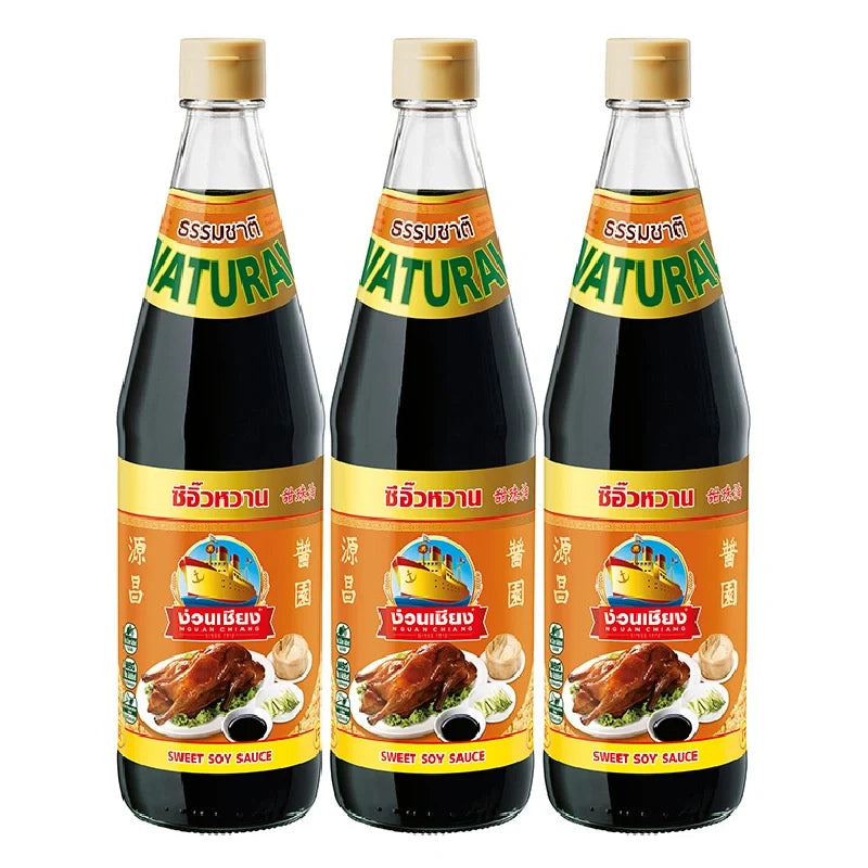 Nguan Chiang Sweet Soy Sauce 700ml bottle, pack of three, in a dry grocery product image with clear label and dark brown sauce.