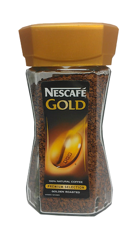 A cup of Nescafe Gold coffee drink with a frothy top, showcasing the rich, golden color of the coffee in a clear glass.