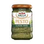 Sacla Classic Basil Pesto jar with fresh basil leaves and garlic on a white background, showcasing the grocery product.