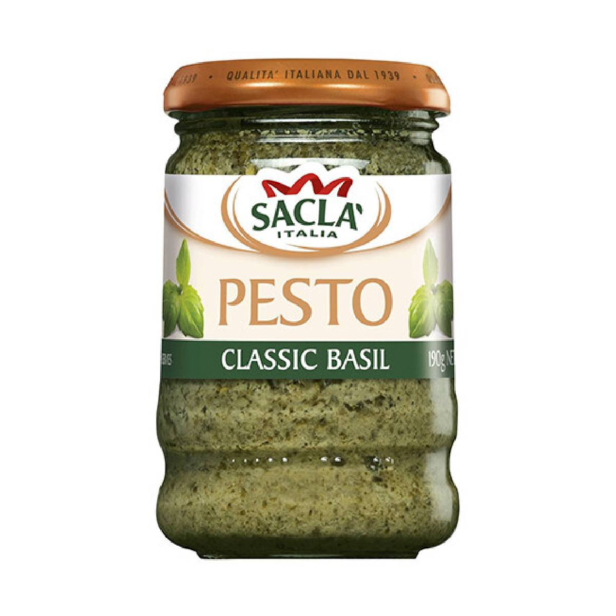 Sacla Classic Basil Pesto jar with fresh basil leaves and garlic on a white background, showcasing the grocery product.