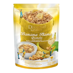 Diamond Grains Banana Granola in a bowl with bananas and granola clusters on a white background