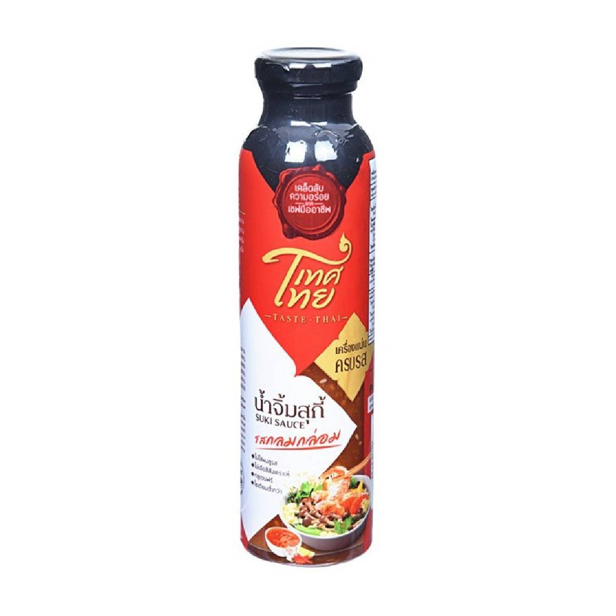 Taste Thai Suki Sauce in a jar, featuring rich, savory Thai grocery sauce with a dark, glossy appearance and vibrant label design.