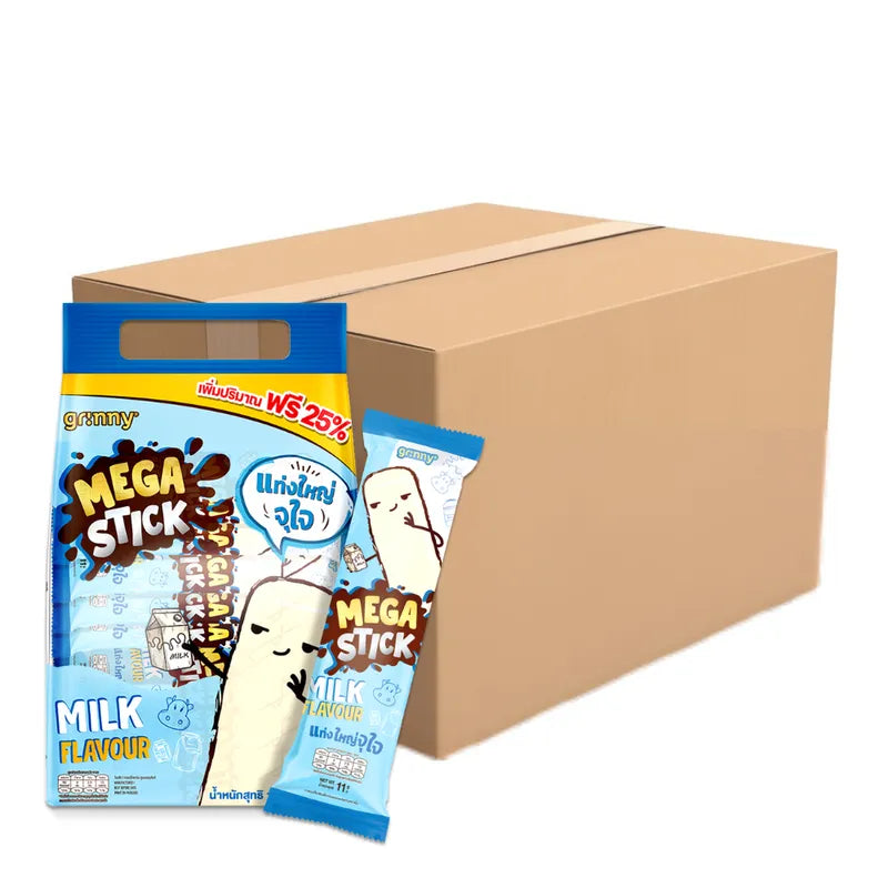 Grinny Corn Snack with Milk Flavor 11g, pack of 12, crispy corn snack confectionery, dry grocery product.