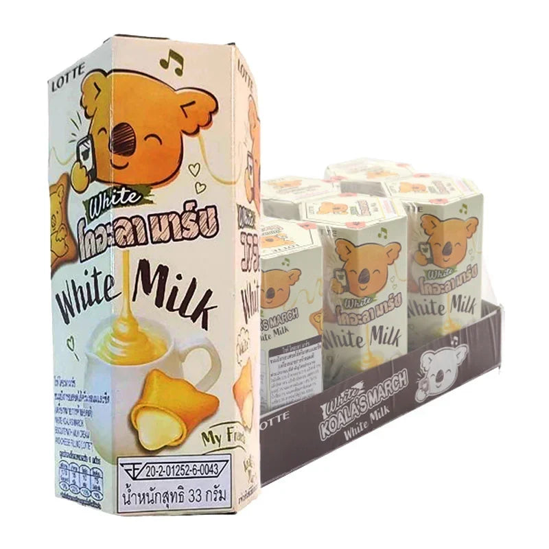 Koala's March White Milk Cream and Cheese Biscuits, 33g x6, snack pack with cartoon koala character on colorful packaging.