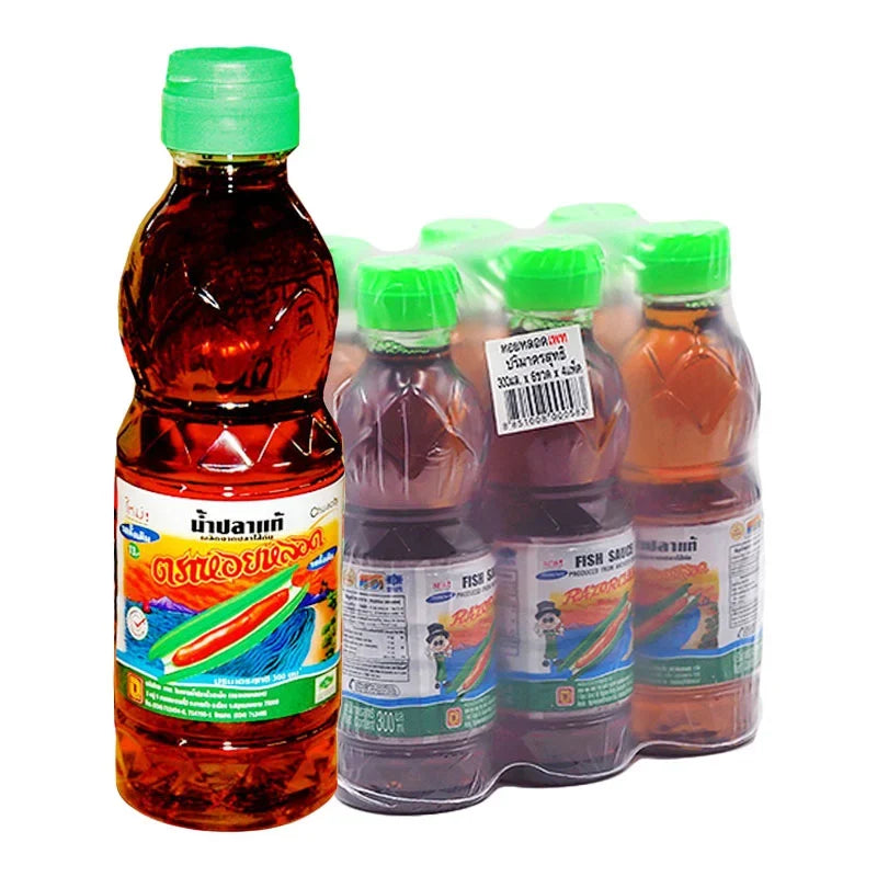 Razorclam Fish Sauce 300ml bottles, six-pack, traditional dry grocery condiment with rich umami flavor, in clear bottles showing dark sauce