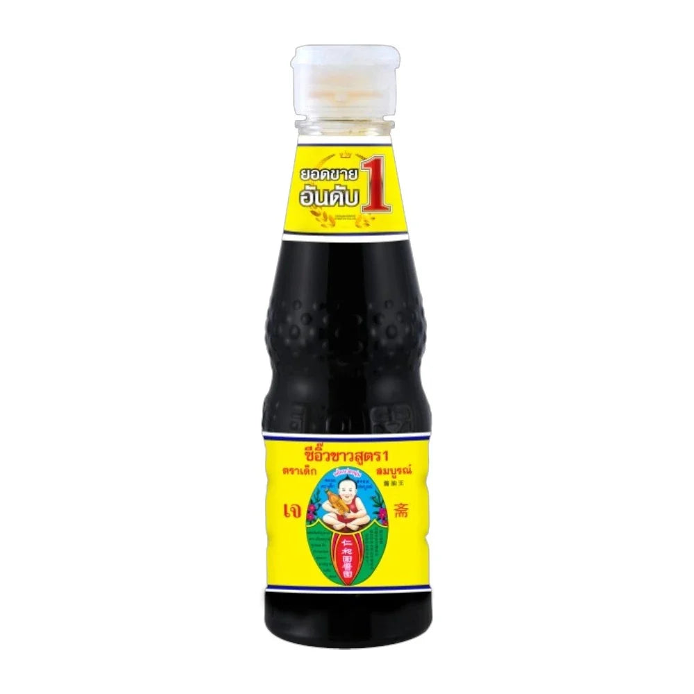 Deksomboon Thin Soy Sauce 95ml bottle, traditional Thai dry grocery condiment with clear liquid and label, in a clear glass bottle