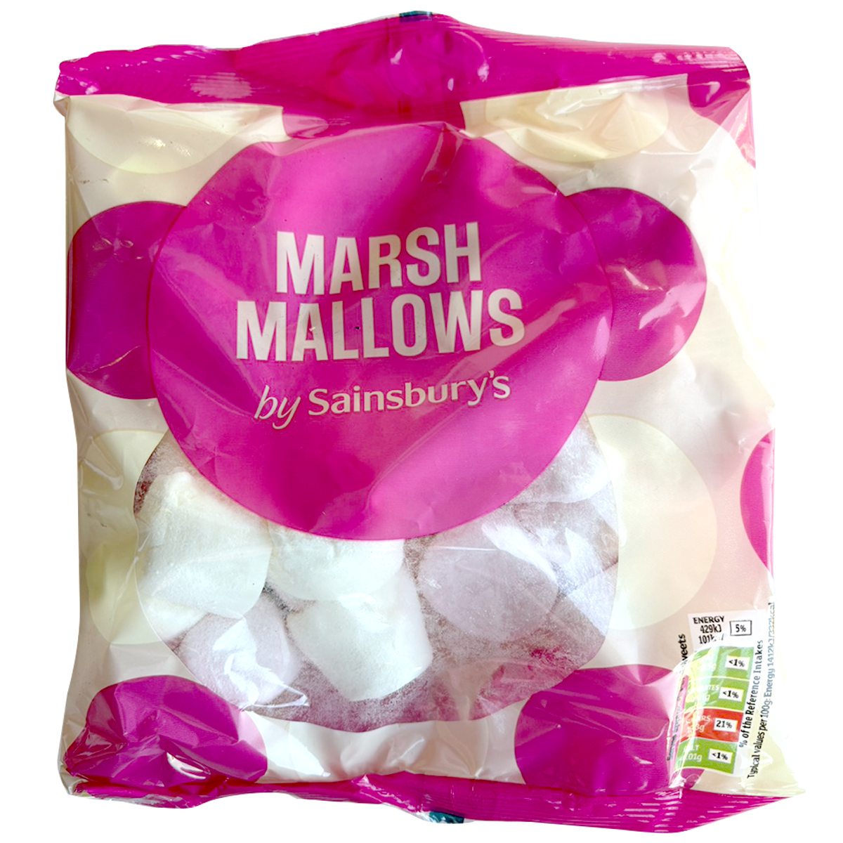 Sainsbury's marshmallows confectionery snacks in colorful, fluffy marshmallow pieces arranged in a bowl.