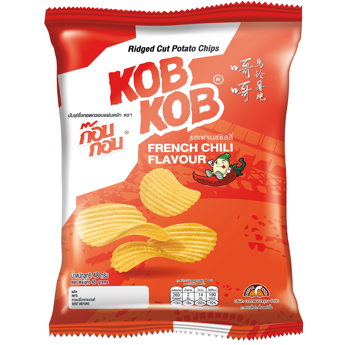 Kob Kob French Chili Flavour confectionery snacks in a colorful package with spicy chili flavor branding.