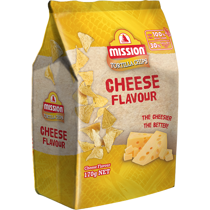 Mission cheese-flavored tortilla chips in a bowl, showcasing crunchy snack texture and vibrant cheese seasoning.