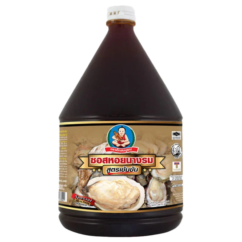 DEK SOM Boon Thick Oyster Sauce 2.3kg jar, dry grocery product with a dark brown sauce and label displaying brand and product name
