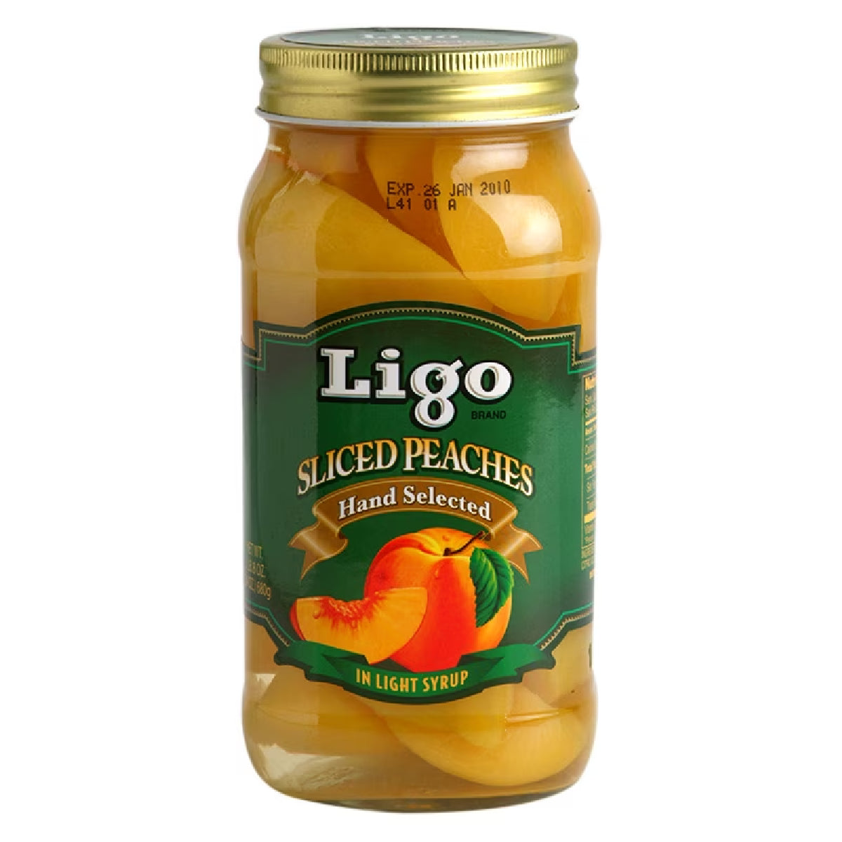 Canned Ligo Sliced Peaches in syrup, bright golden fruit slices in a clear container, ready for use in desserts or snacks.