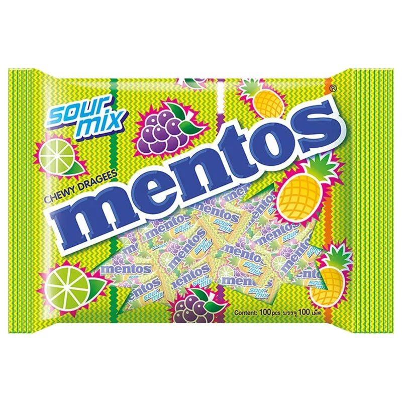 Mentos Sour Mix candy in colorful packaging, featuring assorted sour flavored candies in a clear bowl, ideal for snacks and confectionery.