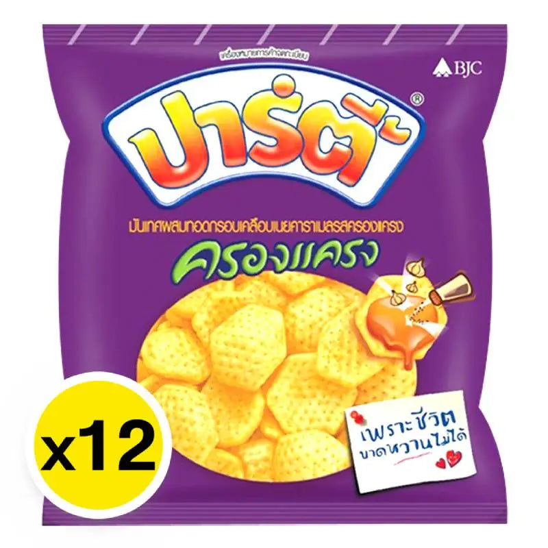 Party brand fried potato chips coated with butter caramel, a sweet and savory snack from the dry grocery confectionery selection.