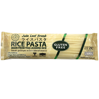 Jade Leaf gluten-free rice pasta with leafy green jade leaf design on packaging, healthy grocery product.