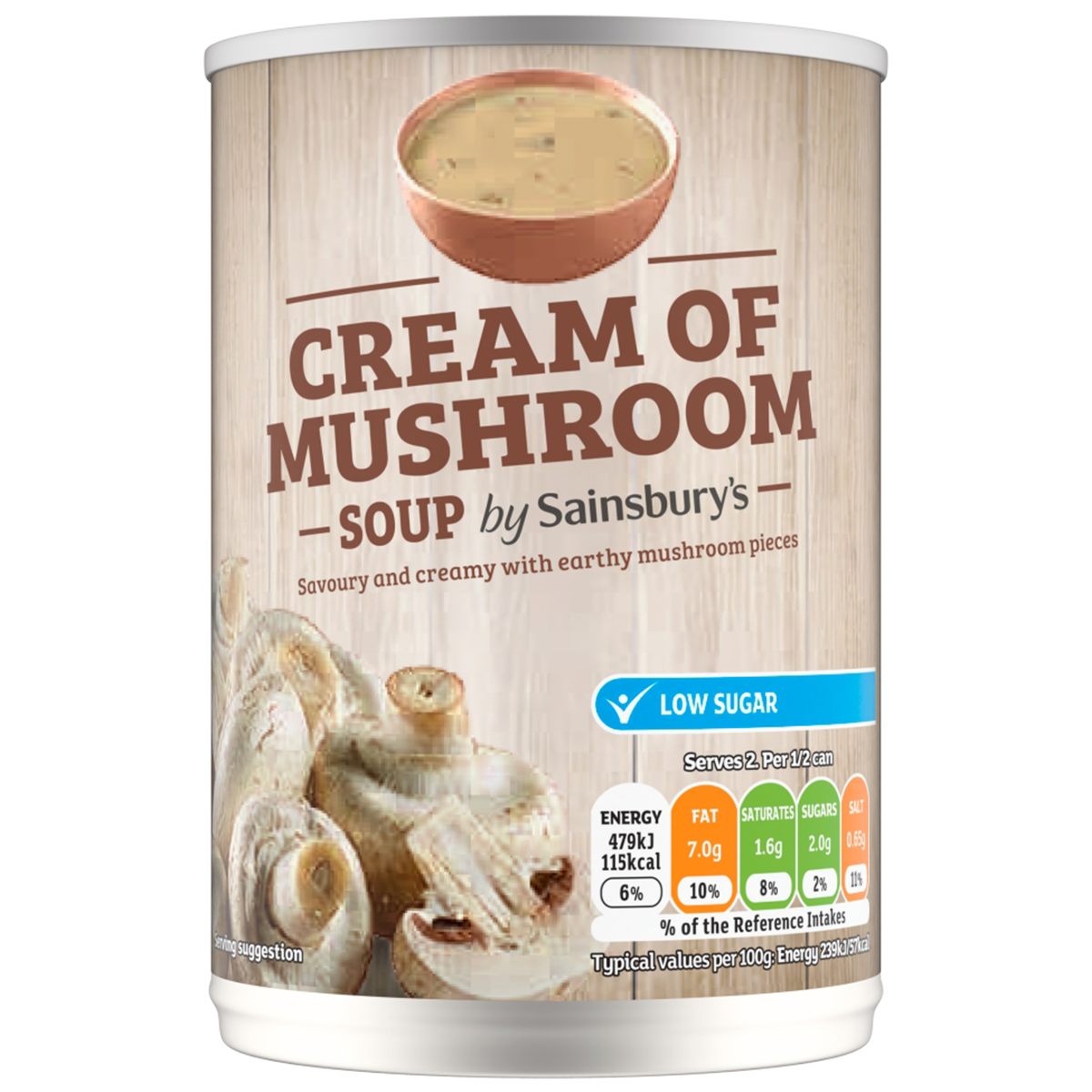 Canned Sainsbury's Cream of Mushroom Soup in a white label with branding, ready for cooking or serving.
