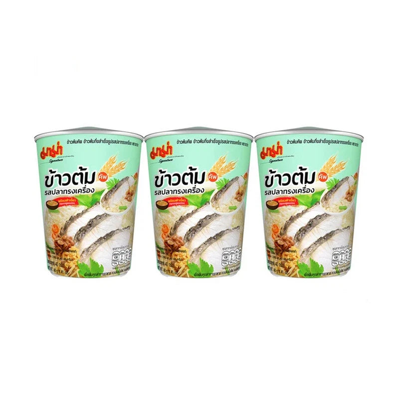 Mama Rice Porridge Cup with fish flavor, dry grocery snack in a convenient cup package, featuring rice porridge for quick preparation.