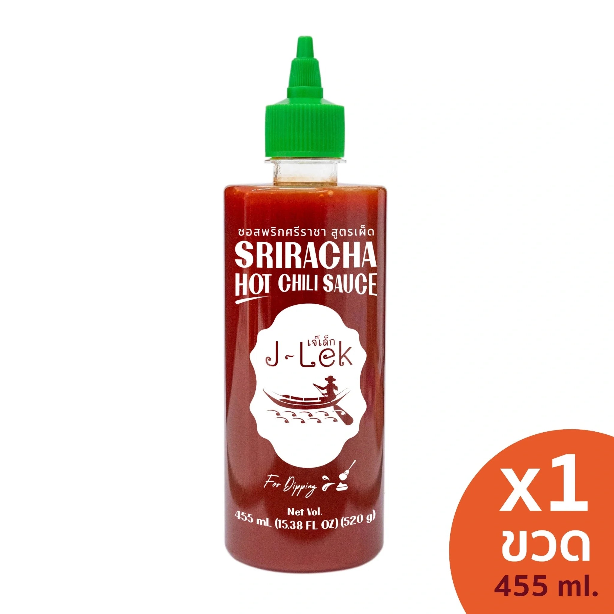 J-LEK Sriracha Chili Sauce bottle showing spicy red chili sauce in 455ml container, suitable for dry grocery use.