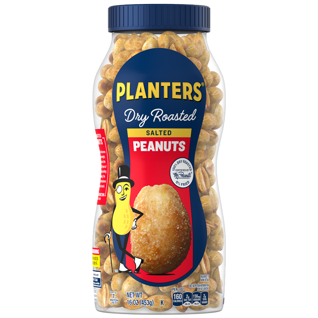Planters Dry Roasted Peanuts in a clear bowl, showing golden, crunchy peanuts as a tasty confectionery snack.