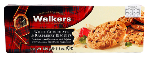 Walkers White Chocolate & Raspberry Biscuit, confectionery snack with white chocolate coating and raspberry filling, on a white background.