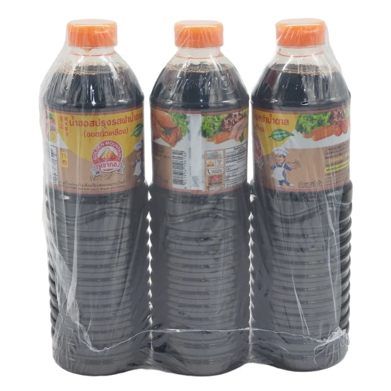 Golden Mountain Sauce Brown 1L bottles, three packs, showing the rich brown sauce in clear bottles with golden labels.