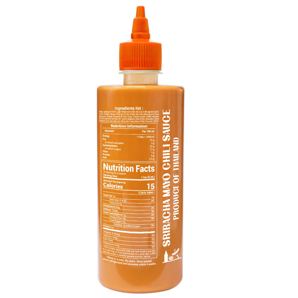 J-Lek Sriracha Mayo Chili Sauce in a squeeze bottle, showcasing the spicy and creamy condiment for grocery use.
