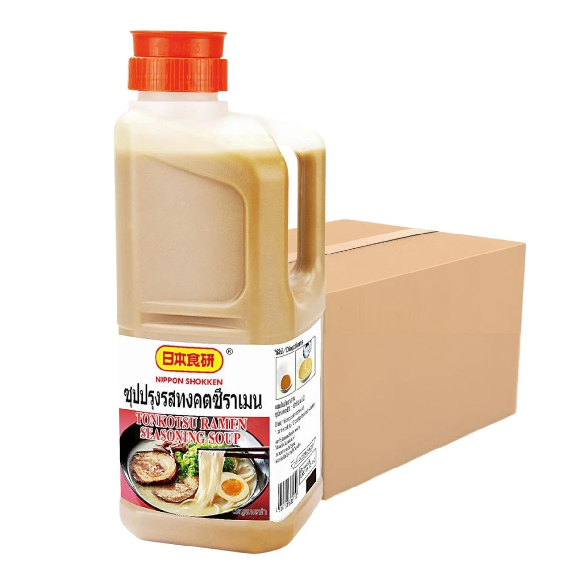 Nihon Shokken Tonkotsu Ramen Soup thick broth in dry grocery package, semi-processed Japanese ramen flavor product.