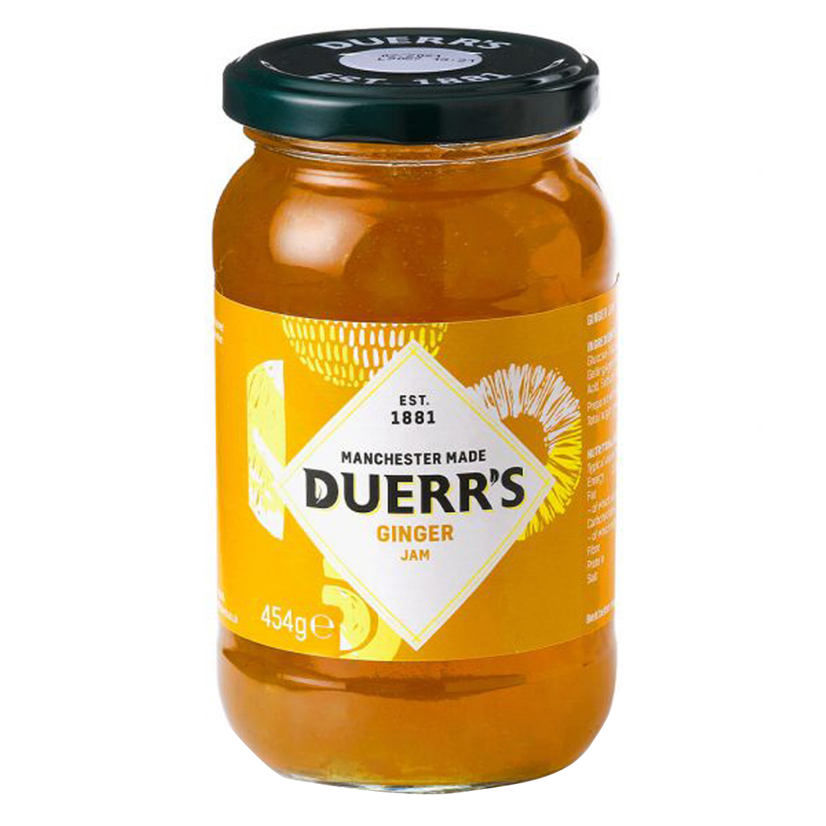 Jar of Duerr's Ginger Jam with visible label and spoon, showcasing the golden ginger preserve in a grocery product image.