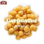 S&W Garbanzos beans in brine, dry grocery product, featuring a jar filled with chickpeas submerged in brine liquid