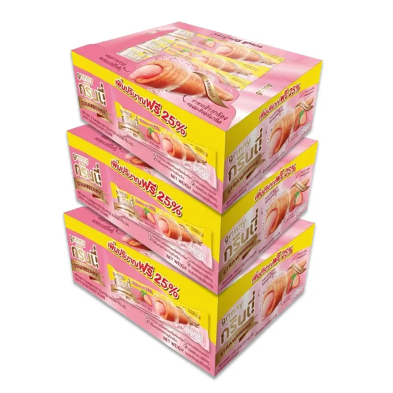 Grinny strawberry coated snack filled with cream, 15g x3, dry grocery confectionery with bright red strawberry coating and creamy filling