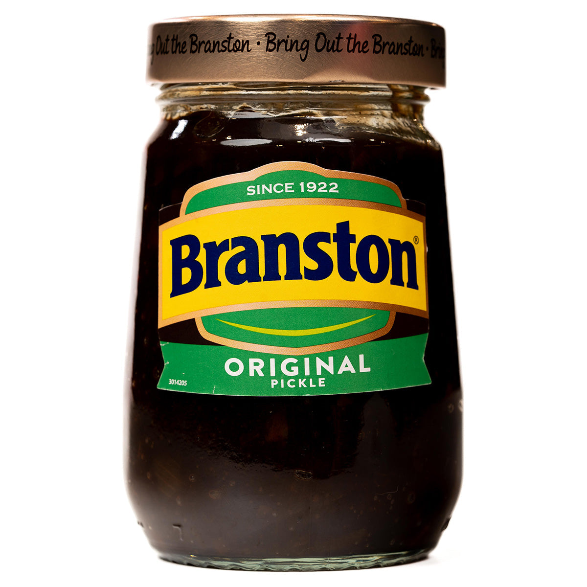 Jar of Branston Original Pickles showing sliced pickles inside a clear glass jar on a grocery shelf.