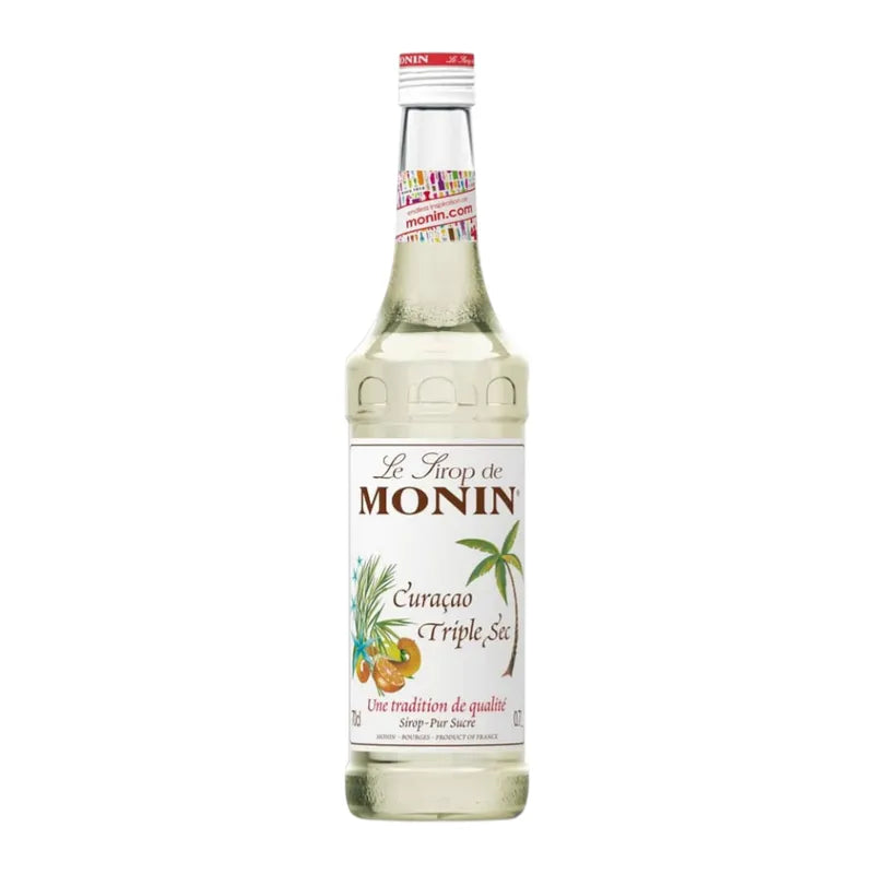 Bottle of MONIN Triple Sec Curacao Syrup 700ml for cocktails and desserts, featuring bright orange flavor and clear packaging.