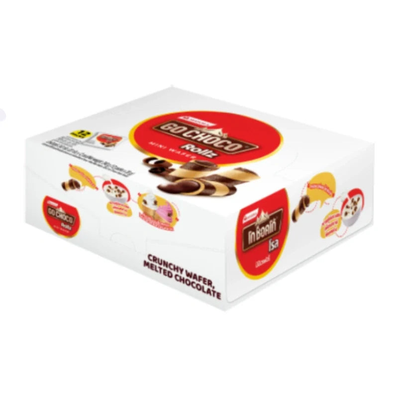 GO Choco wafer rolls mini snack pack, 20g x12, crispy chocolate-flavored confectionery from GO CHOCO brand.