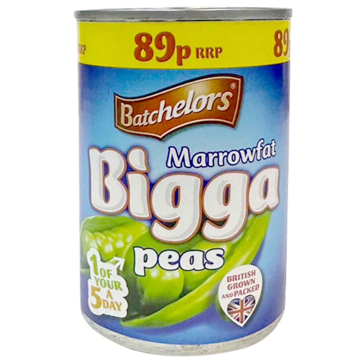 Cans of Batchelors Bigga Peas in a grocery store display, showing the product label and colorful packaging.