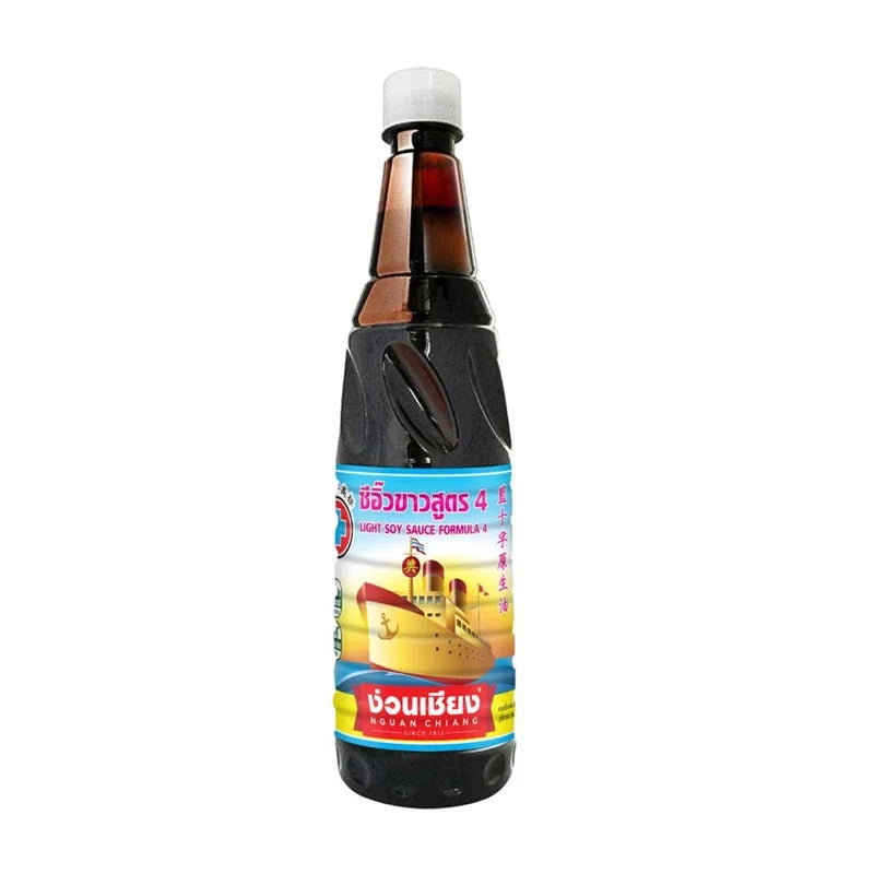Bottle of NGUAN CHIANG Light Soy Sauce Formula 4, 630ml, in clear packaging, showing the soy sauce inside for dry grocery use.