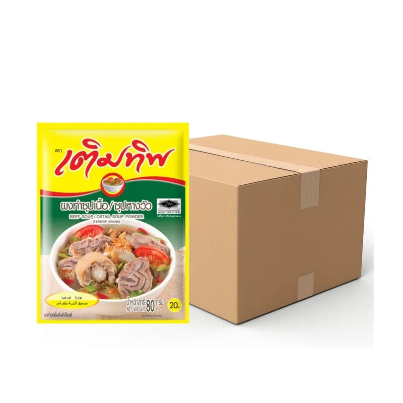 Termtip Beef Oxtail Soup Seasoning Powder, 80g packet, shown in a close-up image for dry grocery seasoning product.