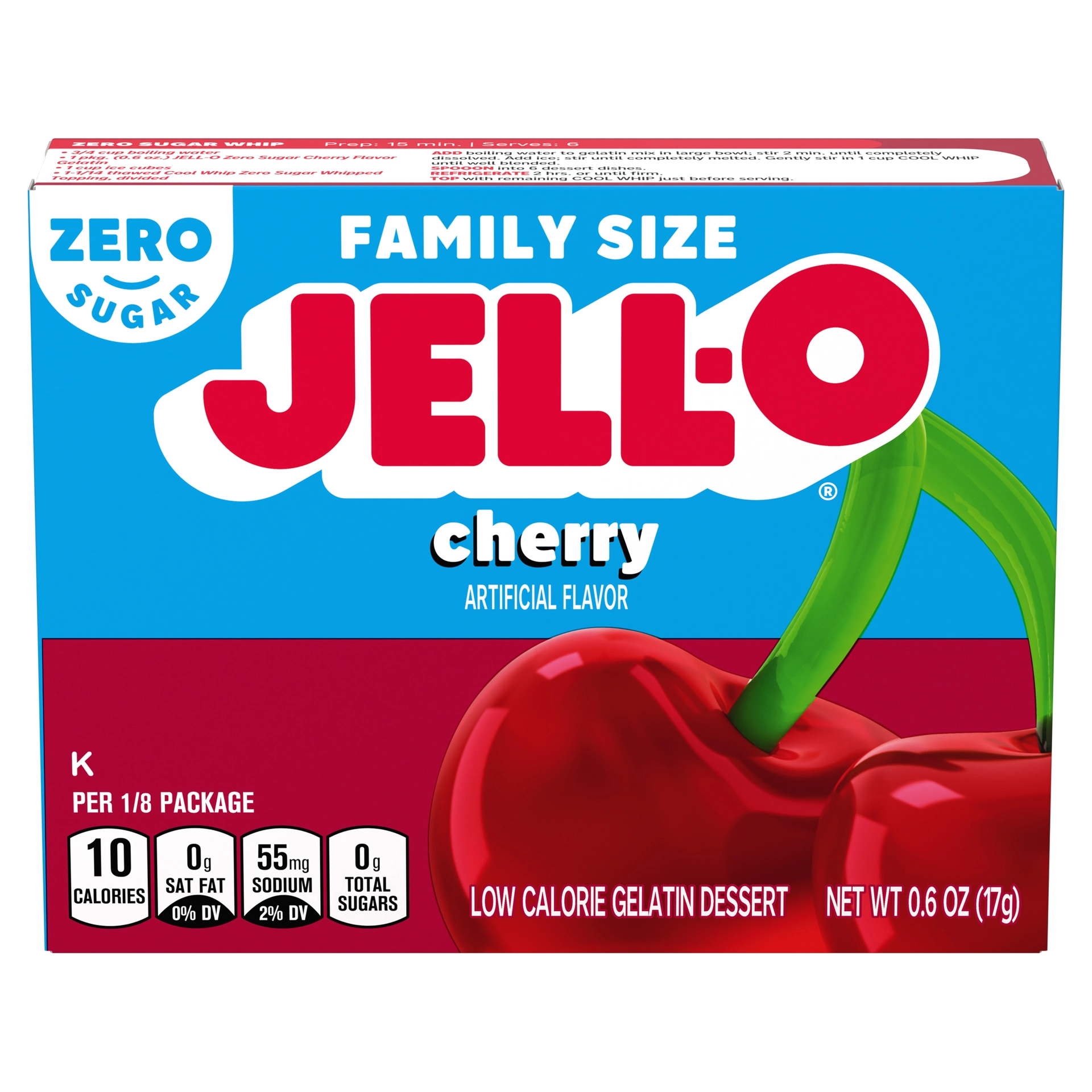 Jell-O Cherry Zero Sugar flavored gelatin dessert in a clear bowl, showcasing vibrant red cherry color and smooth texture.