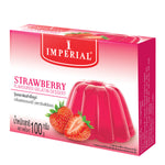 Imperial Strawberry Flavored Gelatin in a clear bowl, showing vibrant red gelatin with fresh strawberries on top.