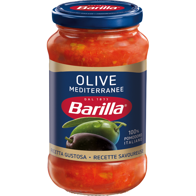 Barilla Olive Mediterranee sauce jar with a label showing olives and Mediterranean ingredients for pasta and cooking.