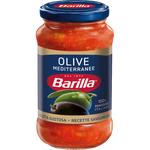 Barilla Olive Mediterranee sauce jar with a label showing olives and Mediterranean ingredients for pasta and cooking.