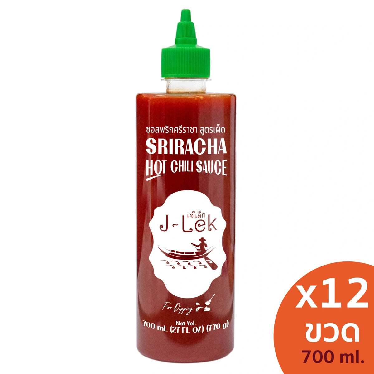 J-LEK Sriracha Chili Sauce bottle with spicy formula, 820g, shown in a dry grocery setting.