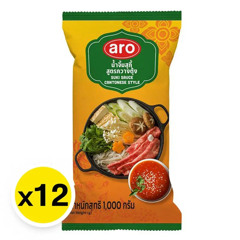 Aro Sukiyaki Sauce 1kg pack, dry grocery product with 12 bottles, featuring Japanese-style savory sauce for cooking.