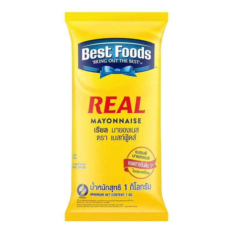 Best Foods Real Mayonnaise 1kg jar, creamy and smooth, with a white plastic container and label showing the brand and product name.