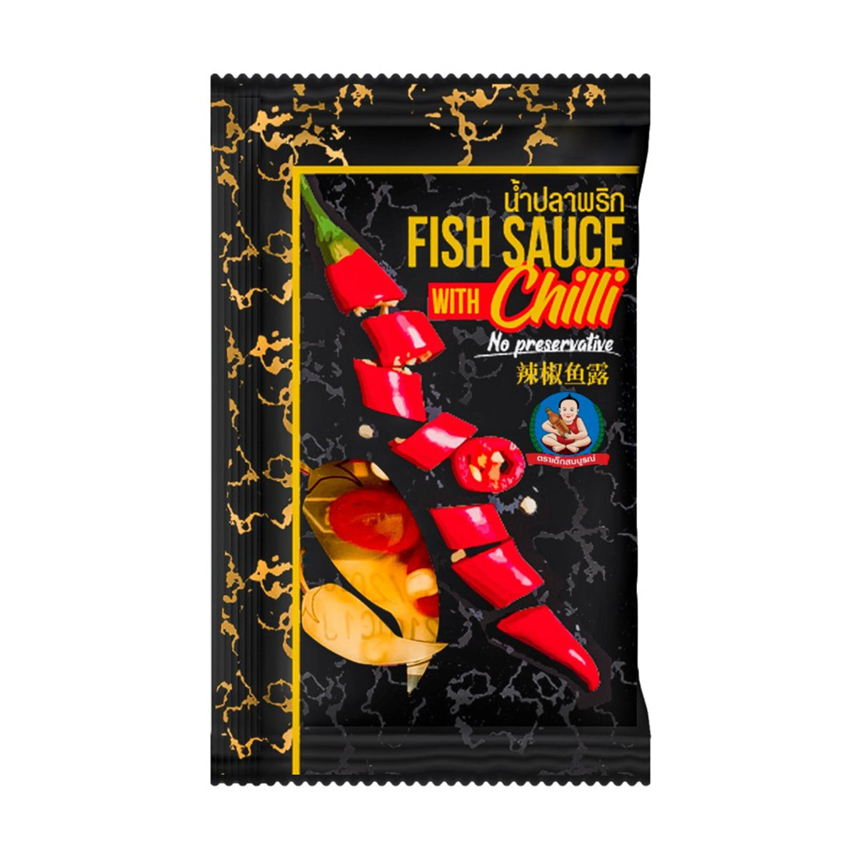 Deksomboon Chili Fish Sauce 7g x10 packs, dry grocery product with small bottles of spicy fish sauce, ideal for cooking and seasoning