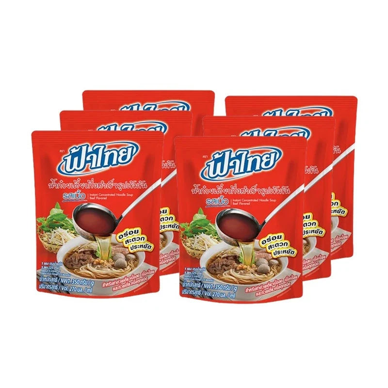 Fathai instant concentrated beef-flavored noodle soup, 350g pack, shown in a clear image with six packs of dry grocery product.