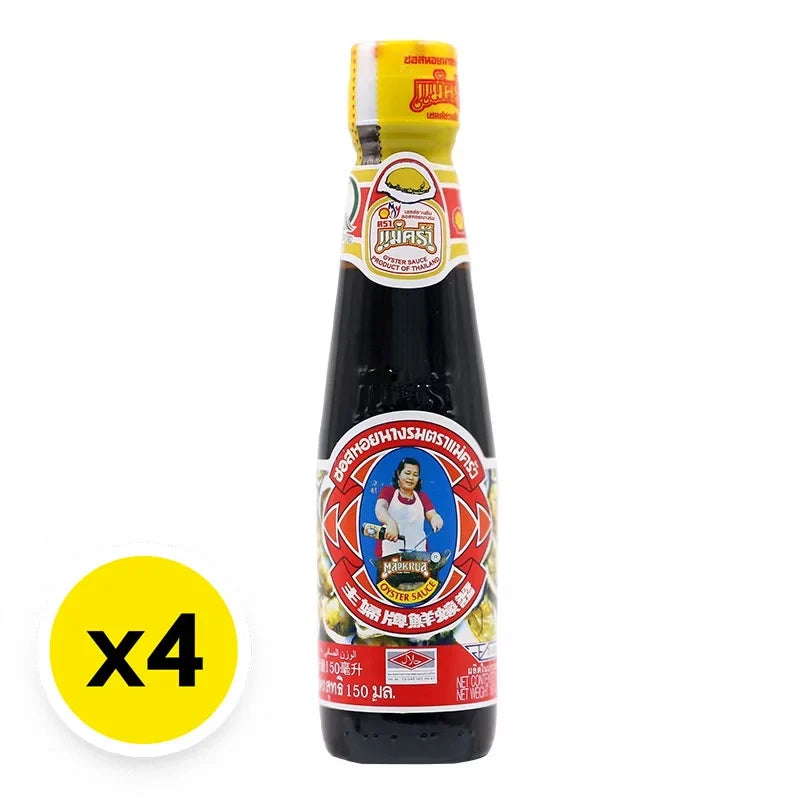 Maekrua oyster sauce bottles, 150ml each, from the Maekrua dry grocery brand, showing the sauce in clear glass bottles.