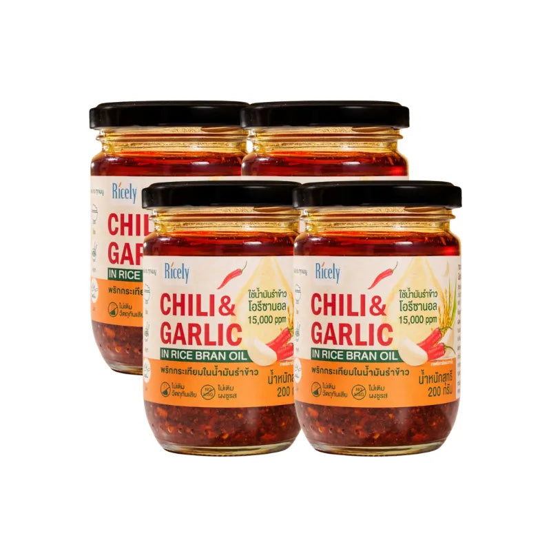 Ricely Garlic Chili in rice bran oil 200g, dry grocery product with garlic, chili, and rice bran oil in a clear container.