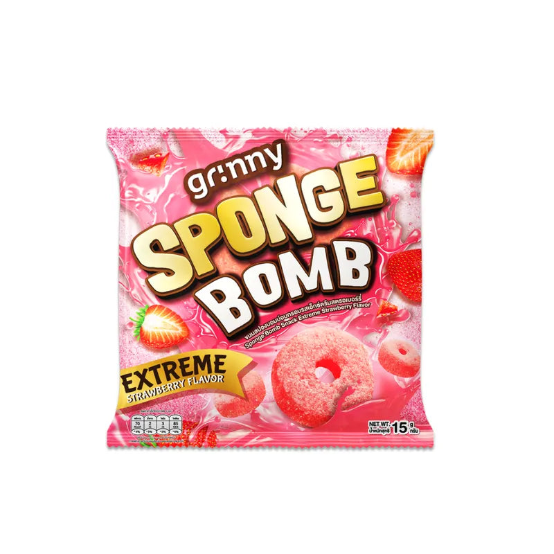 GRINNY Sponge Bomb Snack Extreme Strawberry flavor, 15g x 3 packs, dry grocery confectionery with colorful sponge-shaped candies