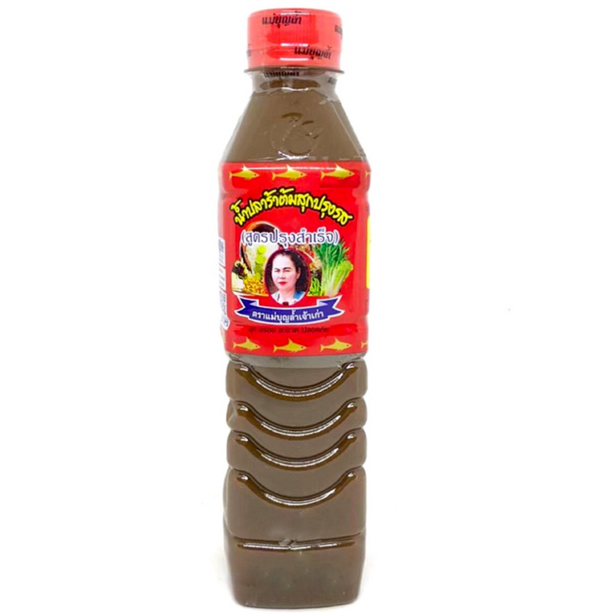 Maeboonlam Pasteurized Anchovy Sauce in red bottle, grocery product, showing the label and sauce inside